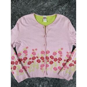 Oilily Womens VTG Button Up 100% Cotton Knit Floral Cardigan Sweater Pink Sz XL